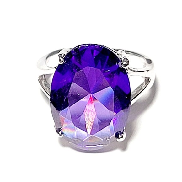 925K Sterling Silver Large Faceted Amethyst Prong Set Ring Womens Sz 6.75 NWOT - Picture 1 of 16